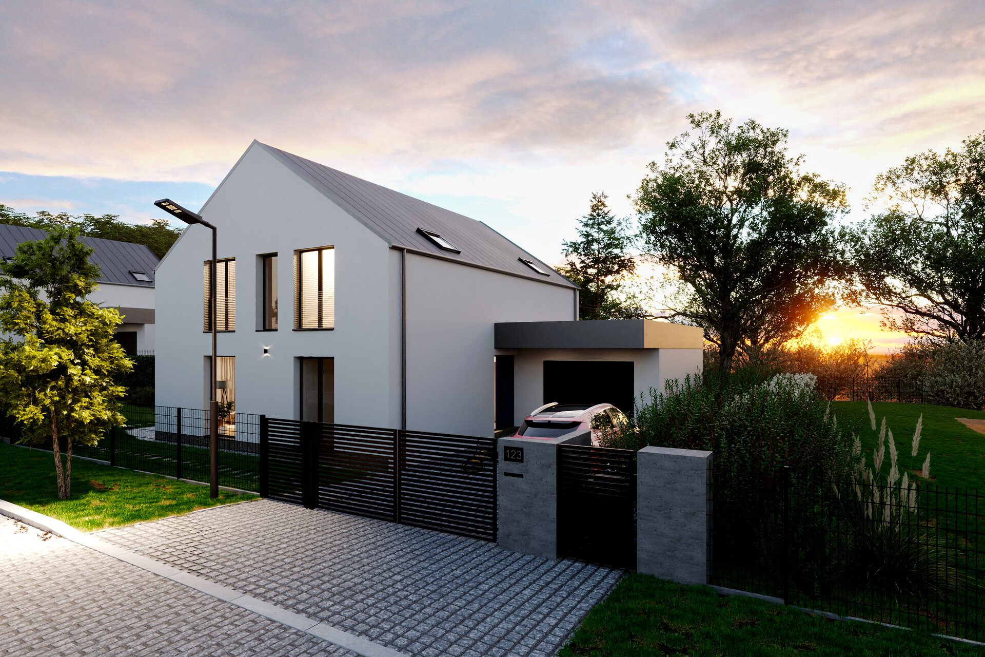 Vizualizace moderní pasivní dřevostavby ZEO Moonglade I se sedlovou střechou a garáží, součást projektu U Boží vody v Jemnících u Mladé Boleslavi. Vizualizace moderní pasivní dřevostavby ZEO Moonglade I se sedlovou střechou a garáží, součást projektu U Boží vody v Jemnících u Mladé Boleslavi.