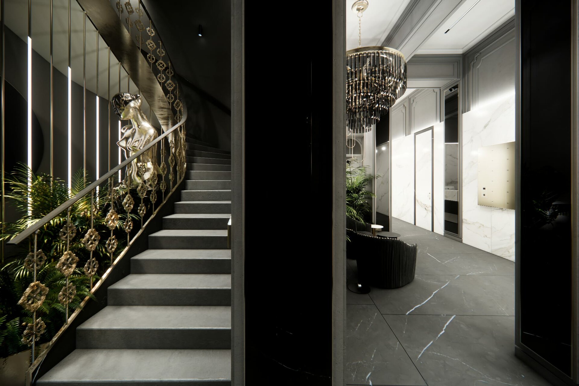 Dechberoucí pohled na chodbu a schodiště, kde je použita originální španělská keramika přímo ze zdrojů investorů