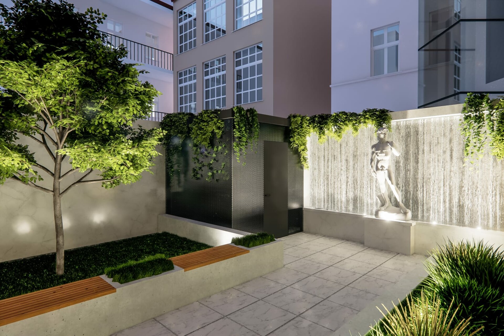 Atrium se nese ve smyslu francouzské vodní stěny a odpočinkové zóny