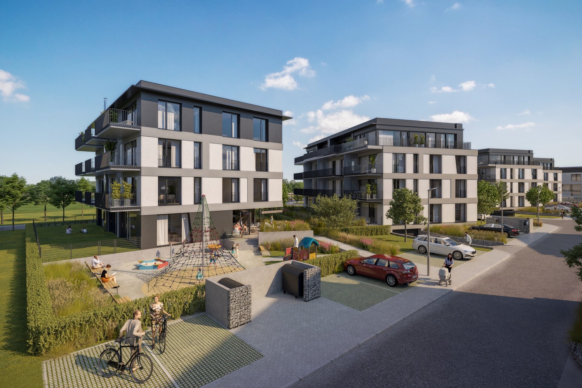 Architektonický pohled mezi domy s dětským hřištěm a zelení Architektonický pohled mezi domy s dětským hřištěm a zelení