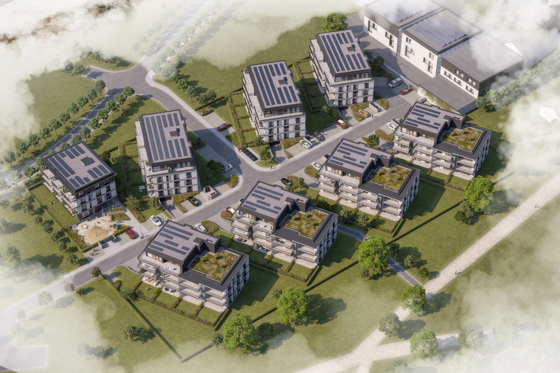 Letecká axonometrie/masterplan celého areálu Letecká axonometrie/masterplan celého areálu