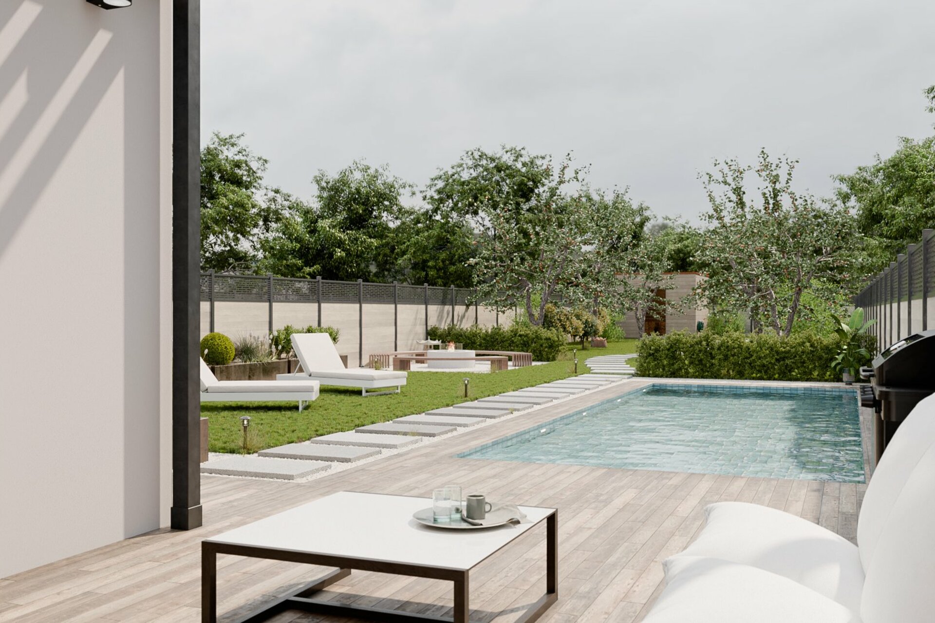 Pohled z terasy do zahrady.