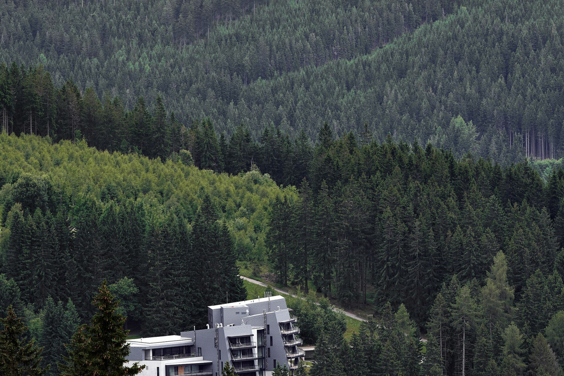 Objekt nenuceně splývá s krajinou, stává se její přirozenou součástí.