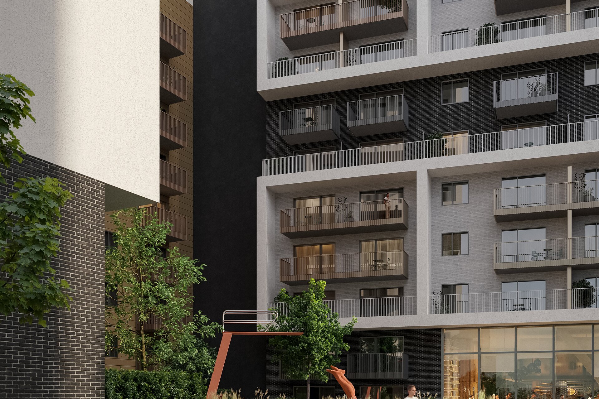 Pohled na venkovní společné prostory budov 2 a 3