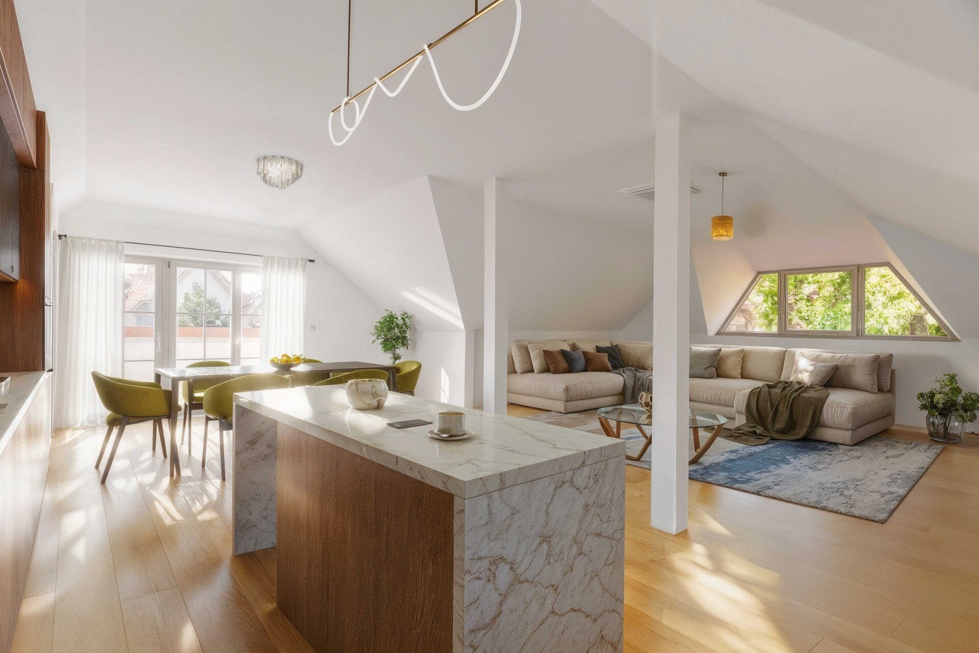 Obývací prostor v podkrovním bytě